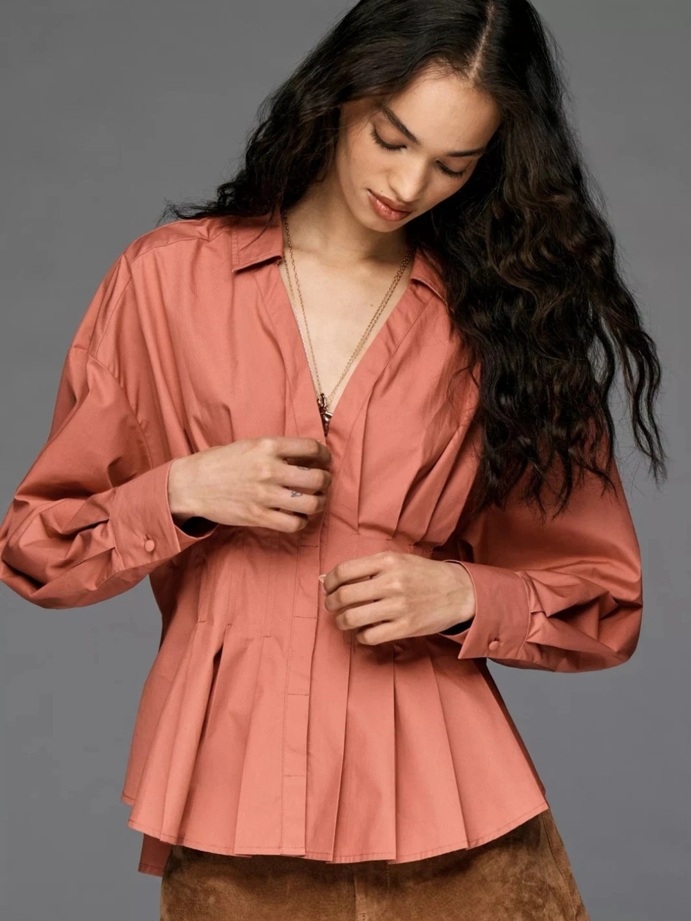 New By Anthropologie Waisted Buttondown Pleated Blouse Long-Sleeve Sz Large
